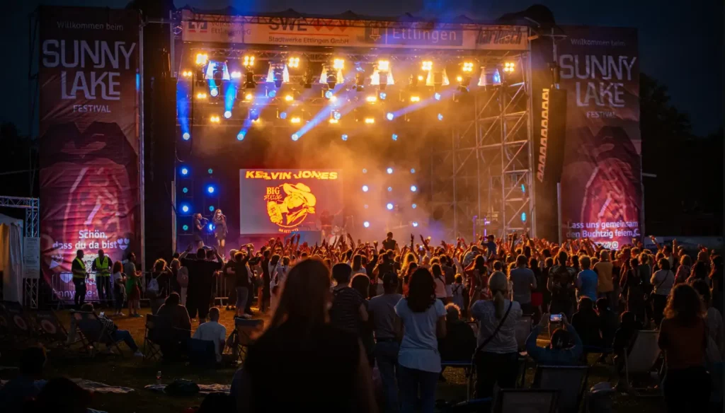 Blick auf die beleuchtete B&uuml;hne des SunnyLake Festivals in Ettlingen mit Publikum und Live-Act am Abend.