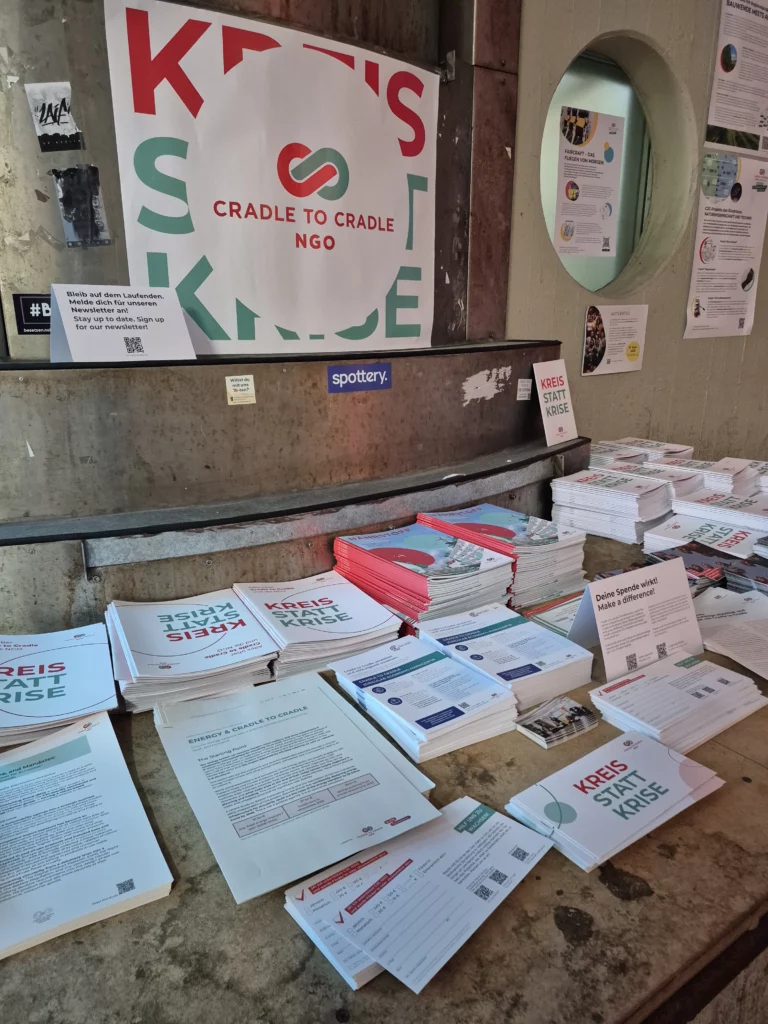 Informationsmaterialien und Broschüren rund um Nachhaltigkeit und Kreislaufwirtschaft beim Cradle to Cradle Congress